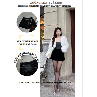 [ Quà Tặng Dây Xích ] Quần Sooc Nhung QCCC Cạp Cao Hack Dáng Hàng 2 Lớp Màu Đen/Nâu Nữ Kem