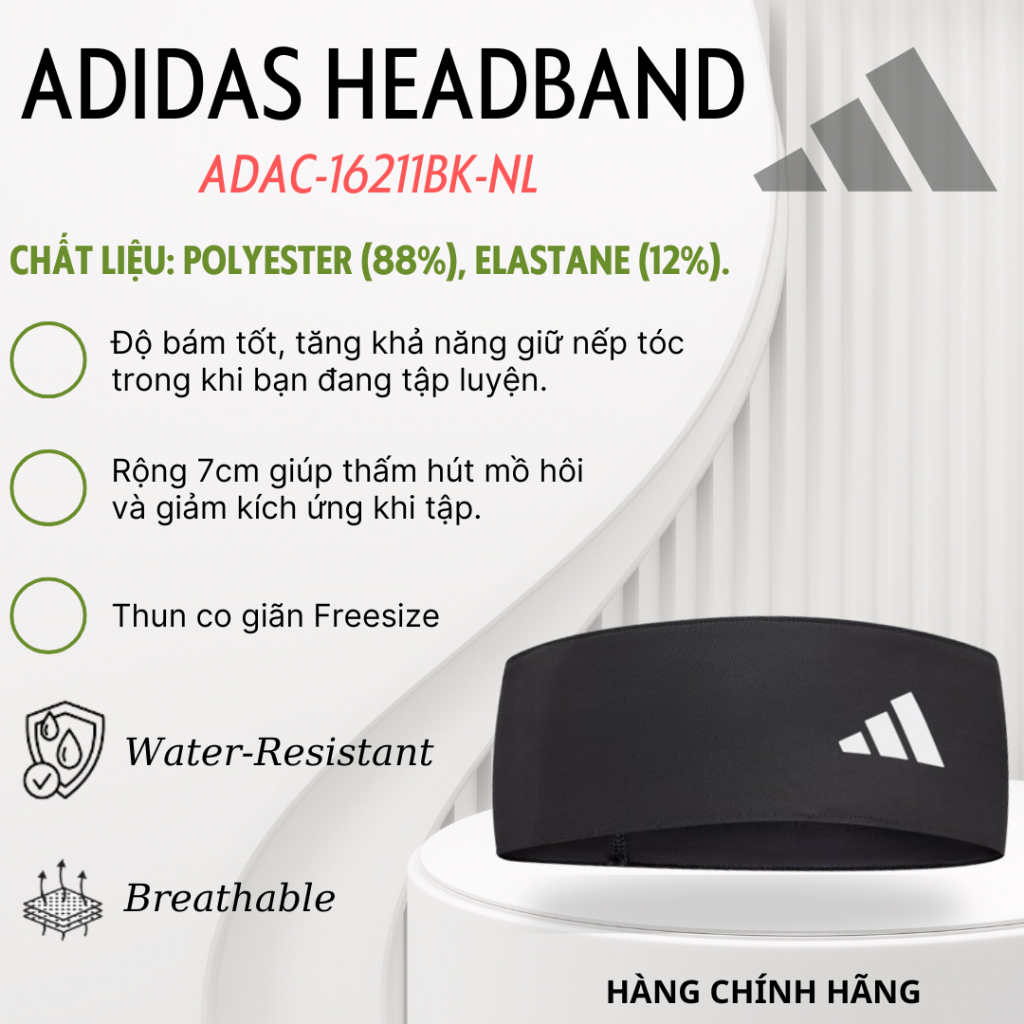 Băng Đô Thể Thao Freesize Chính Hãng ADIDAS ADAC-16211BK-NL Headband (1 Sợi) - Thun Co Giãn Cao Cấp