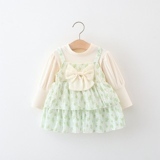 (7-8kg) Váy hoa bé gái dài tay phối nơ xinh xắn đầm thu đông bé gái D1058 Bí Ngô Nhỏ