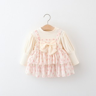 (7-8kg) Váy hoa bé gái dài tay phối nơ xinh xắn đầm thu đông bé gái D1058 Bí Ngô Nhỏ