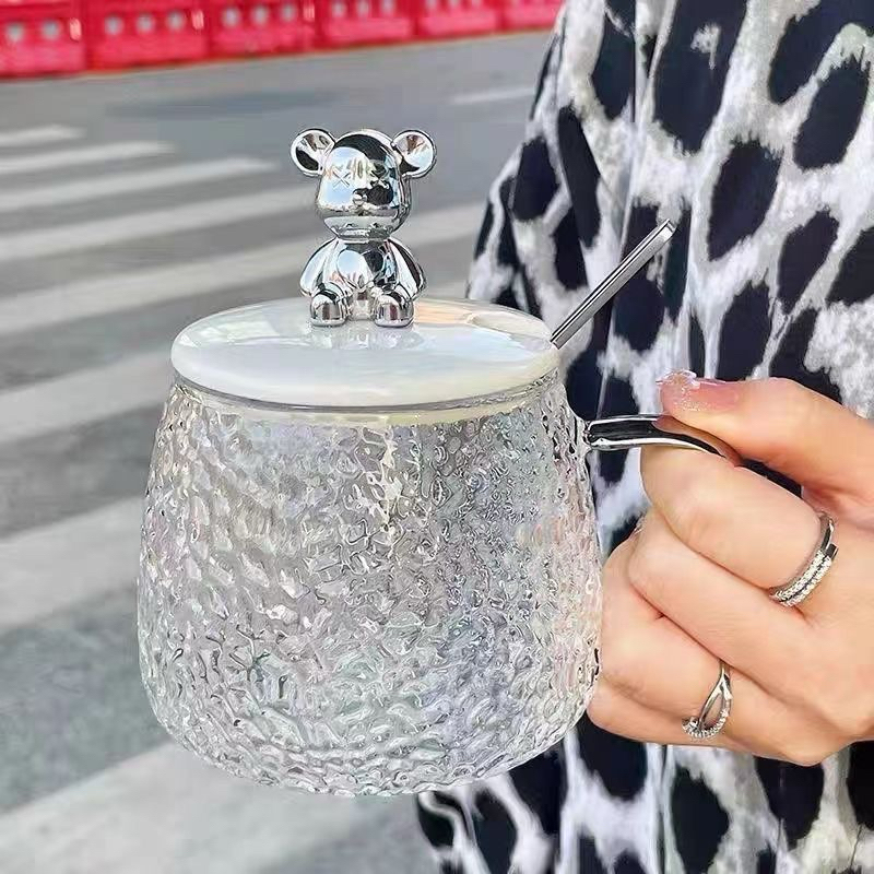 Cốc thuỷ tinh 400ml nắp gấu nhựa kèm thìa