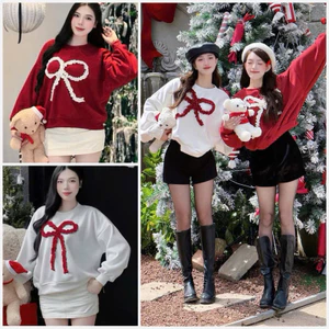 Áo Sweater Gắn Nơ Nổi Form Boxy Nữ - Áo Nỉ Thu Đông Phong Cách Hàn Quốc