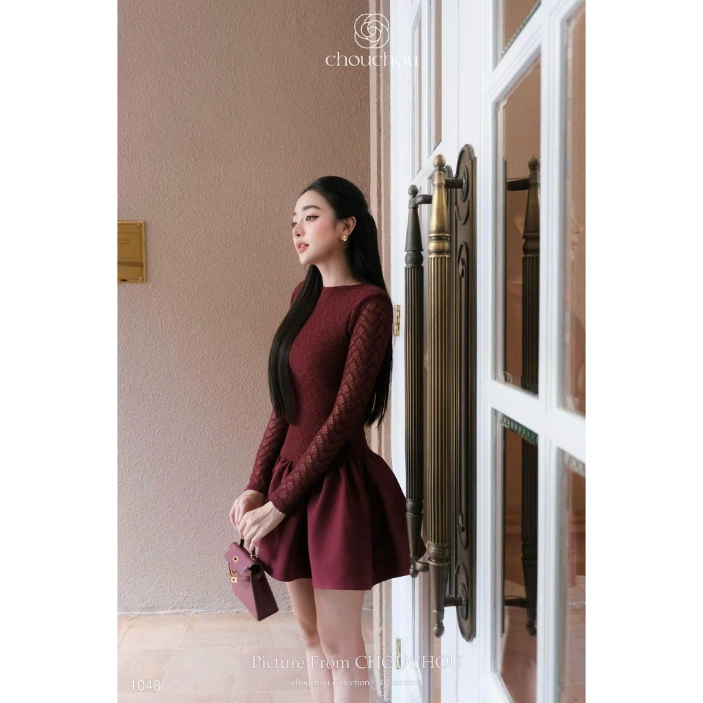 Đầm váy nữ ren body phối chân váy xoè, đầm váy nữ chiết eo dáng bồng xếp ly dáng ngắn màu đỏ đô sang chảnh