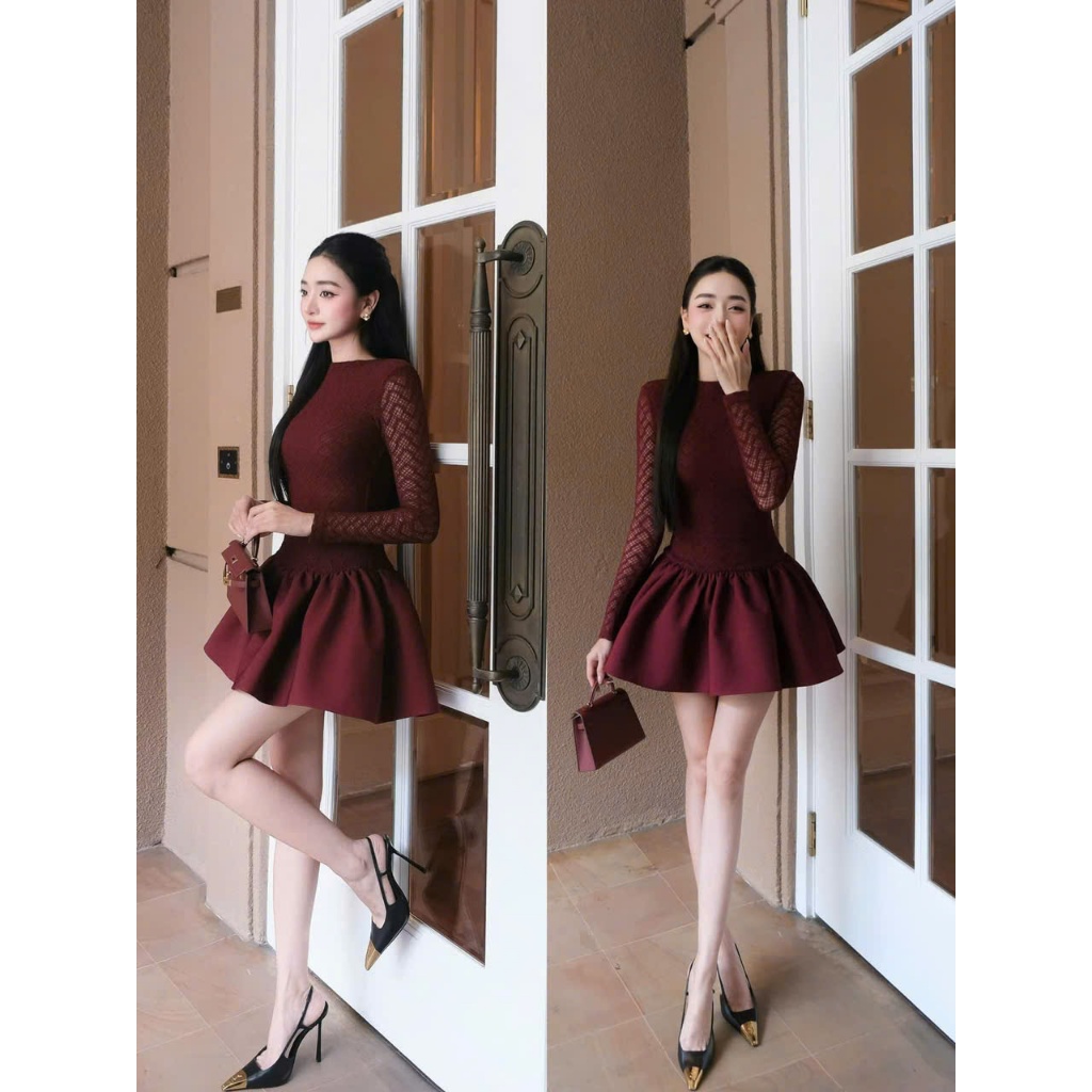 Đầm váy nữ ren body phối chân váy xoè, đầm váy nữ chiết eo dáng bồng xếp ly dáng ngắn màu đỏ đô sang chảnh