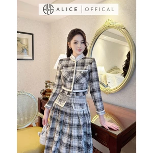 Set Váy Dạ Cao Cấp Áo Cổ Tàu Croptop Kèm Chân Váy Dài Dáng Xòe Xếp Ly ALICE Thiết Kế Thanh Lịch Sang Chảnh S250