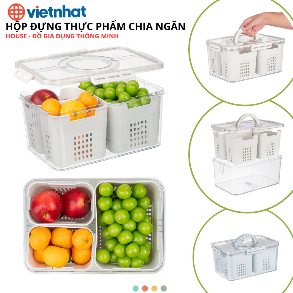 Hộp Đựng Thực Phẩm Chia 3 Ngăn Có Quai Sách dung tích 7,3L Chính Hãng Việt Nhật (Ms6571)