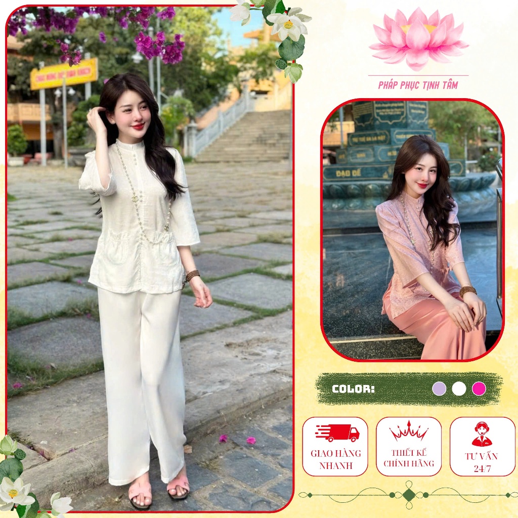 Đồ Lam Đi Chùa Tịnh Tâm, Pháp phục nữ lụa cao cấp tiểu thư sang trọng cổ tàu cúc ngọcSize 40-65kg,4 size S,M,L,XL