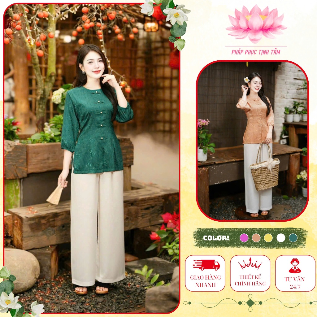 Đồ lam đi chùa nữ bộ pháp phục cổ tròn áo bà ba cách tân cổ tròn vạt đứng mặc đi lễ chùa 4 size S,M,L,XL