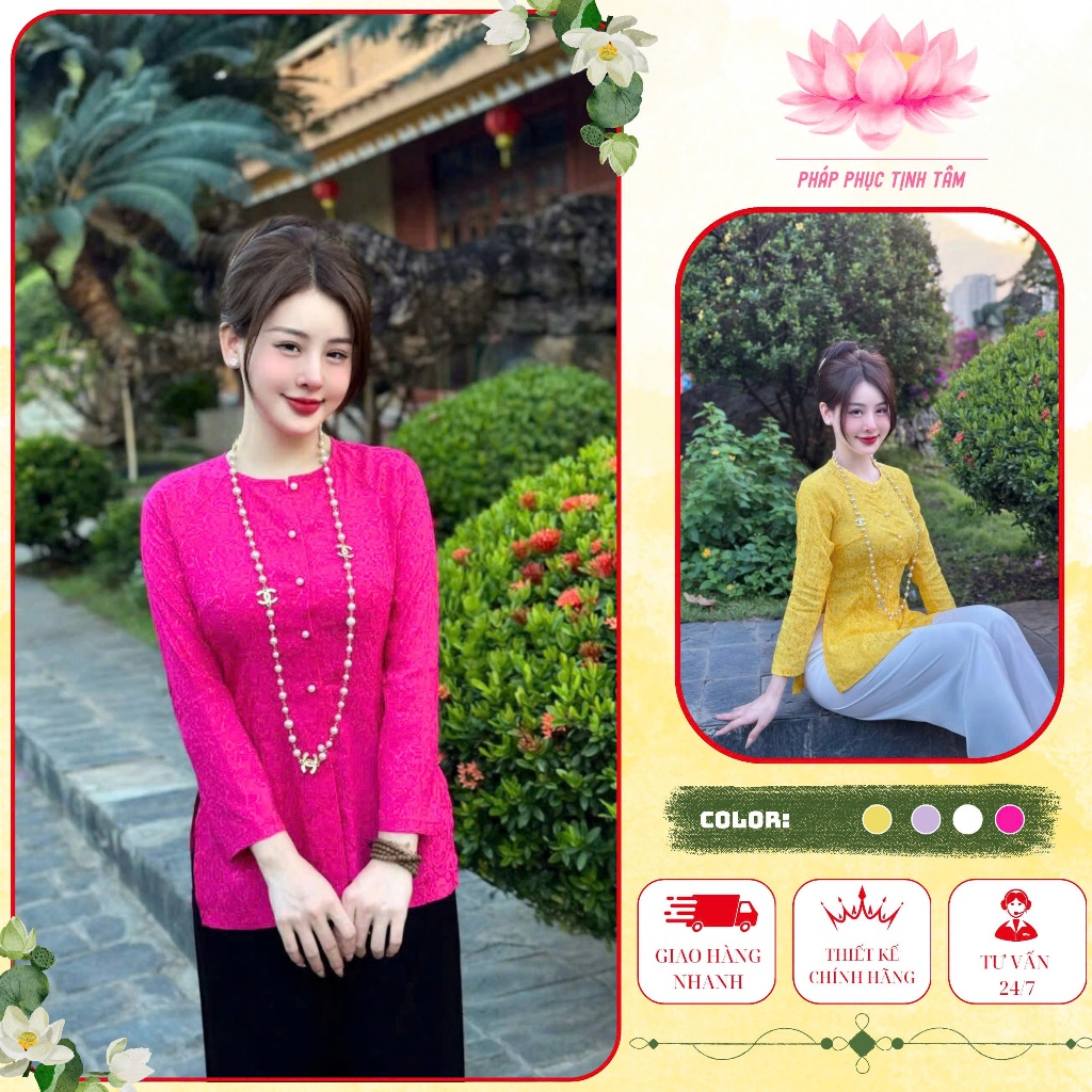 Mã Áo Lẻ - Đồ lam đi chùa nữ cổ tròn tay dài bộ pháp phục thêu hoa nhí mặc đi lễ chùa thanh lịch