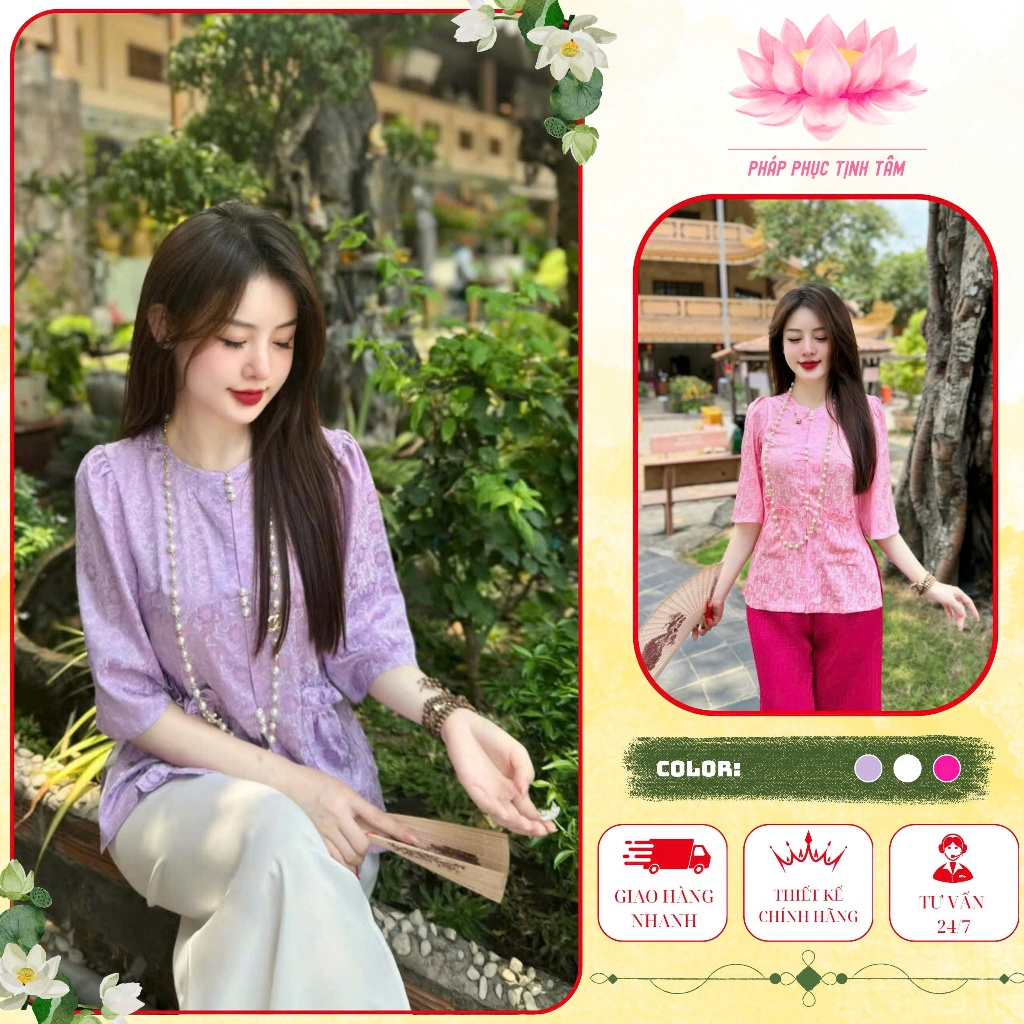 Pháp phục đi chùa, đồ bộ lam đi chùa nữ chất liệu gấm hoa cổ tròn đính ngọc cao cấp - Pháp phục Tịnh Tâm