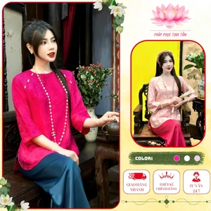 Mã áo lẻ - Đồ lam đi chùa nữ bộ pháp phục cổ tròn vạt xuông mặc đi lễ chùa