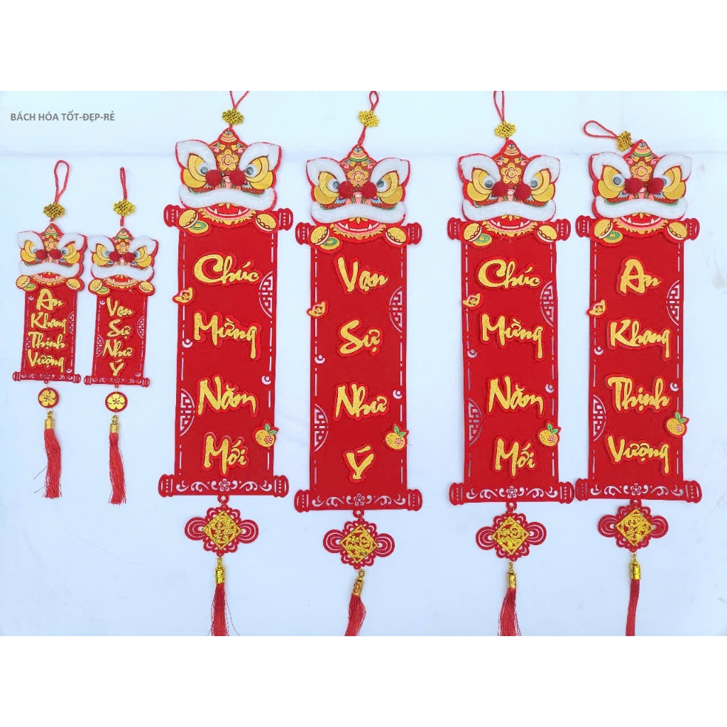 Cặp câu đối đầu lân nhung đỏ chữ nổi treo trang trí Tết