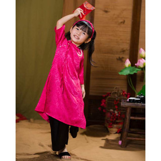 Áo dài cách tân cho bé gái trơn đính nơ chất lụa gấm nổi cao cấp(10-43 kg) DA01 - BIATONKIDS