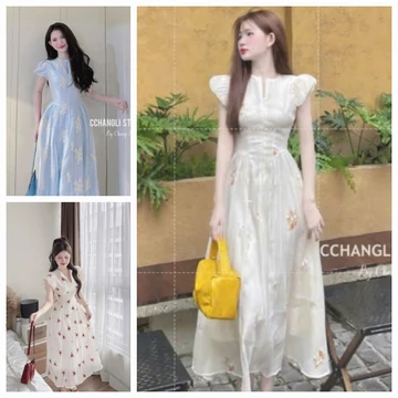 Đầm váy dài - Đầm thời trang nữ siêu xinh đầm maxi dáng xòe phồng chất tơ nến IN HOA tay phồng khóa kéo trước ngực
