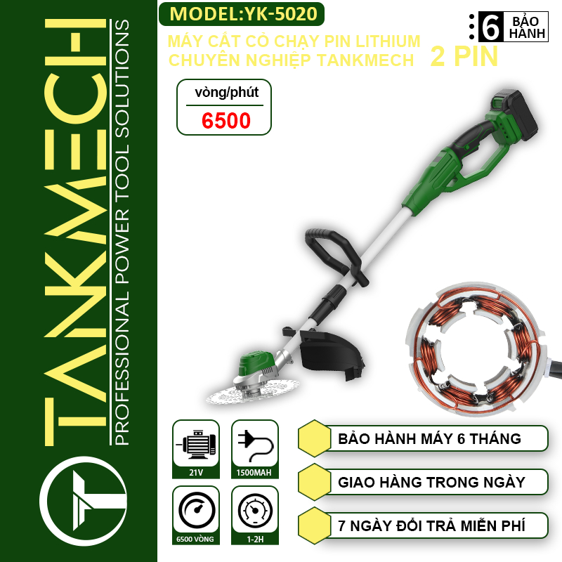 Máy Cắt Cỏ 2 Pin cầm tay TANKMECH TK-5020 máy cắt công nghiệp dùng pin 21V KHÔNG CHỔI THAN cỡ lớn pin 15cell
