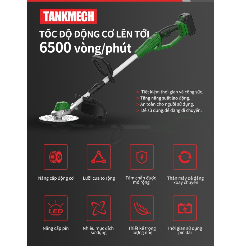 Máy Cắt Cỏ 2 Pin cầm tay TANKMECH TK-5020 máy cắt công nghiệp dùng pin 21V KHÔNG CHỔI THAN cỡ lớn pin 15cell