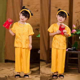 Áo bà ba cho bé gái chất gấm lụa vân nổi cao cấp, Bộ bà ba tay bồng phối nơ cho bé chơi Trung Thu, Hội Trăng BB5-BIATON
