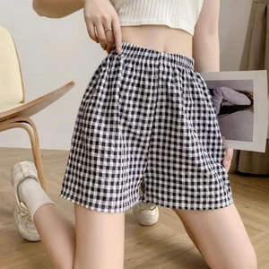 Quần đùi nữ caro YUSTUDIO mặc nhà chất đũi thô freesize dưới 65kg