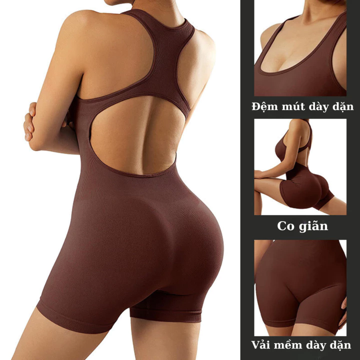 Jumpsuit Set Đồ Tập Gym Nữ FITCAN Set Đồ Tập Yoga Có Đệm Mút Hở Lưng Chun Mông Chất Thun Dày Dặn J02