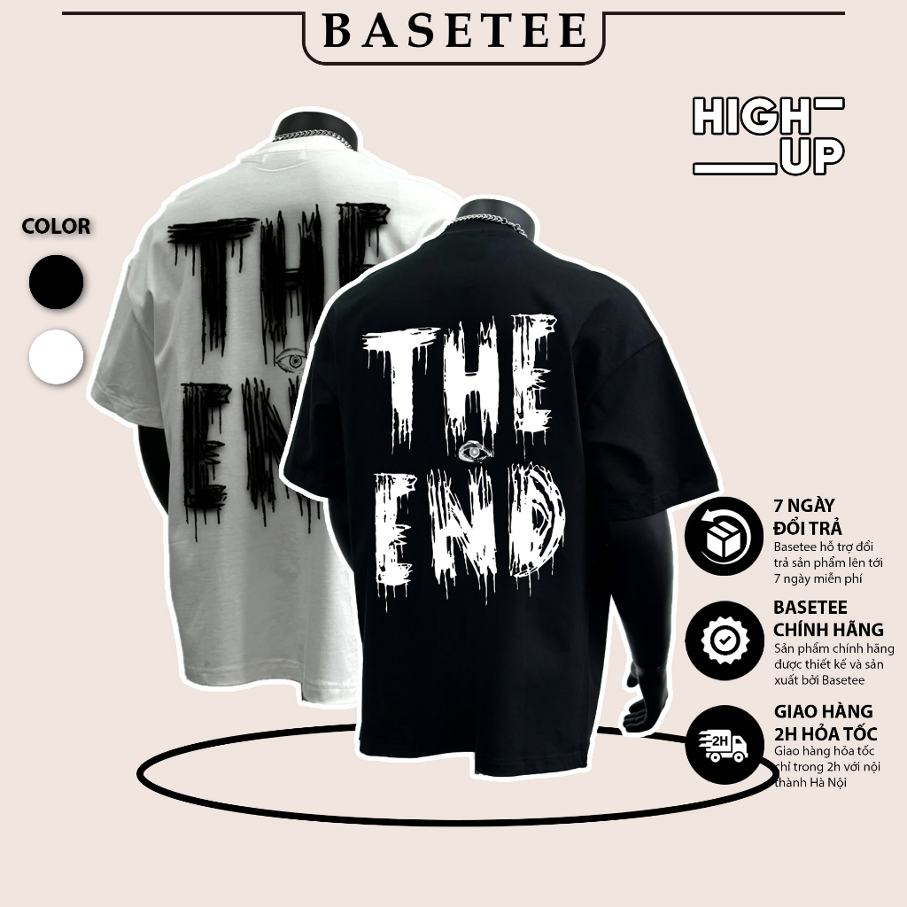 Áo thun trắng đen The End 100% cotton co giãn thấm hút mồ hôi 40-100kg form suông Unisex Basetee