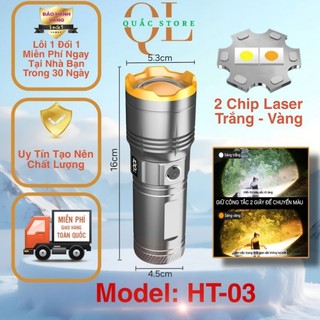 Đèn pin cao cấp HT-03 siêu sáng đa năng - Pin trâu - công nghệ sạc nhanh type c - 2 chip led trắng và vàng