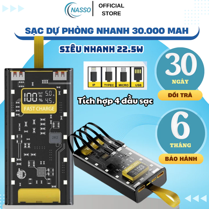 Sạc dự phòng Pin Sạc dự phòng 30000mAh Sạc nhanh PD 22,5W 120W sạc dự phòng trong suốt sạc cùng lúc nhiều thiết bị