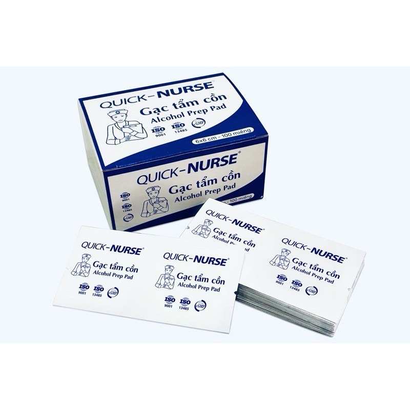 Gạc tẩm cồn khô Quick nurse, Gạc tẩm cồn, Gạc cồn khô, Gạc sát trùng. Hộp 100 miếng. Giao hoả tốc