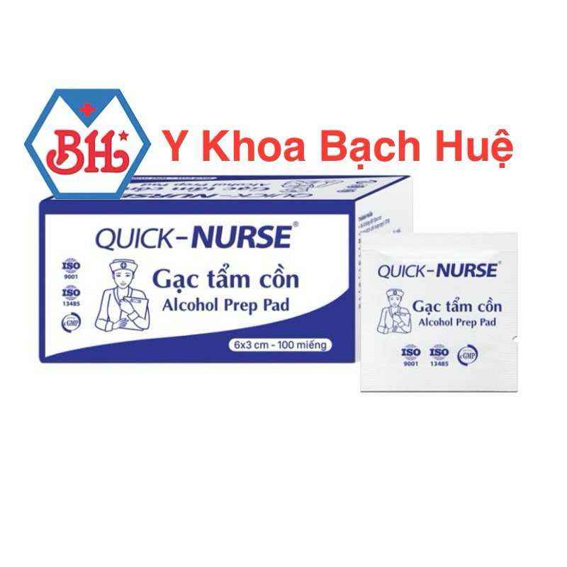 Gạc tẩm cồn khô Quick nurse, Gạc tẩm cồn, Gạc cồn khô, Gạc sát trùng. Hộp 100 miếng. Giao hoả tốc