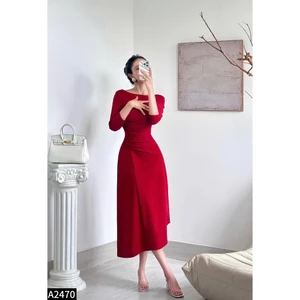 Đầm umi cổ thuyền tay lỡ vạt chéo 2 màu đen - đỏ A2470