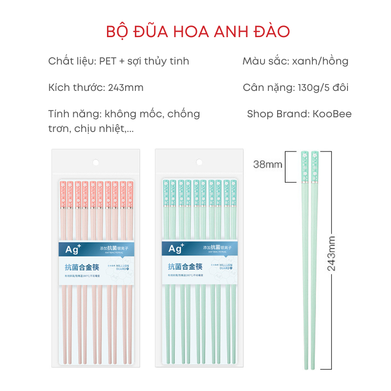 Bộ 5/10 Đôi Đũa Sợi Thủy Tinh Hoa Anh Đào KOOBEE – Kháng Khuẩn, Chịu Nhiệt, Phong Cách Nhật Bản Cao Cấp (BA13)