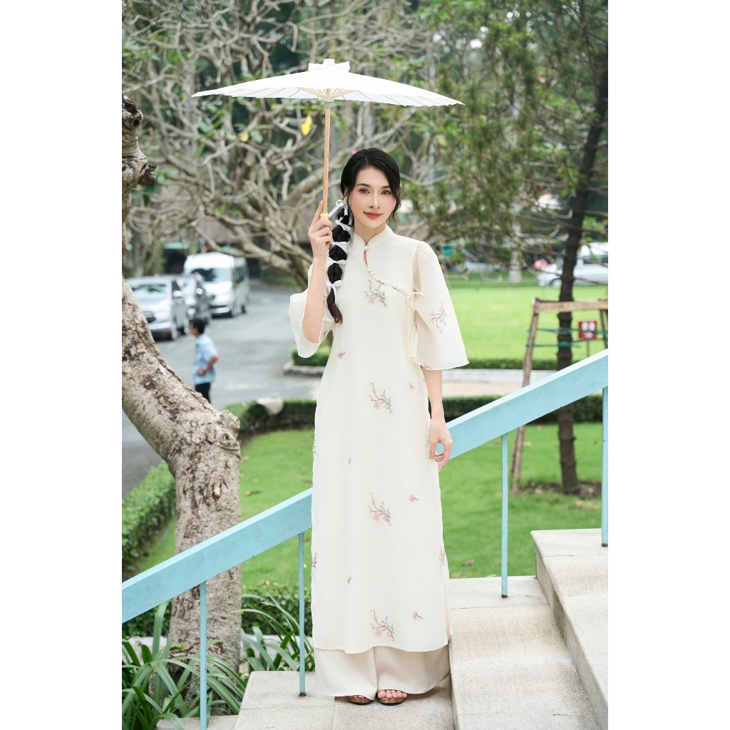 Thời Trang Nữ LASY| Áo Dài Tết Cách Tân Trẻ Trung Thêu Hoa Dáng Suông Cổ Viền Đỏ Kèm Quần AD0993