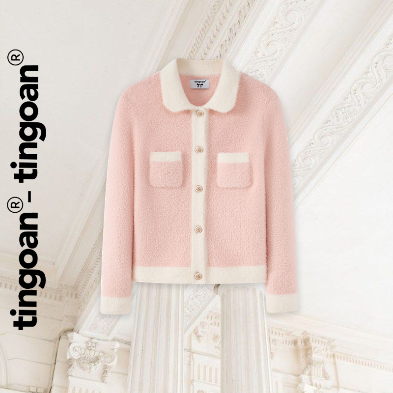 TINGOAN® - Áo len lông bông xù hồng phối viền trắng dáng lửng phối cúc kim loại ISABELLA TOP/PK