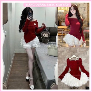 Set áo váy trễ vai đỏ Quảng Châu thiết kế gồm áo trễ vai đỏ đính hoa và chân váy xoè tầng siêu xinh