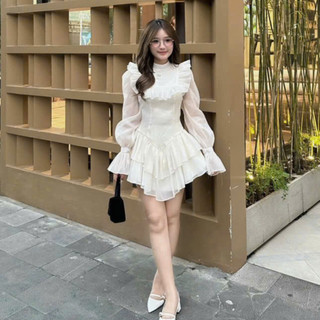 Váy nữ dự tiệc MIA cổ tròn tay bồng tiểu thư đầm thiết kế sang chảnh xếp tầng dáng ngắn V292