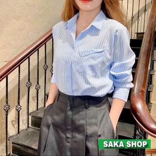 Áo sơ mi nữ tay dài kẻ sọc dáng rộng suông kiểu Hàn Quốc