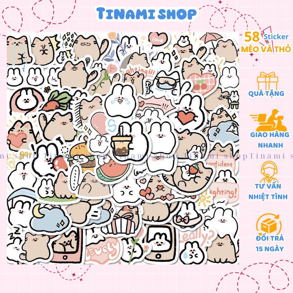Set 58 sticker mèo và thỏ cute decal trang trí sổ tay điện thoại laptop ...