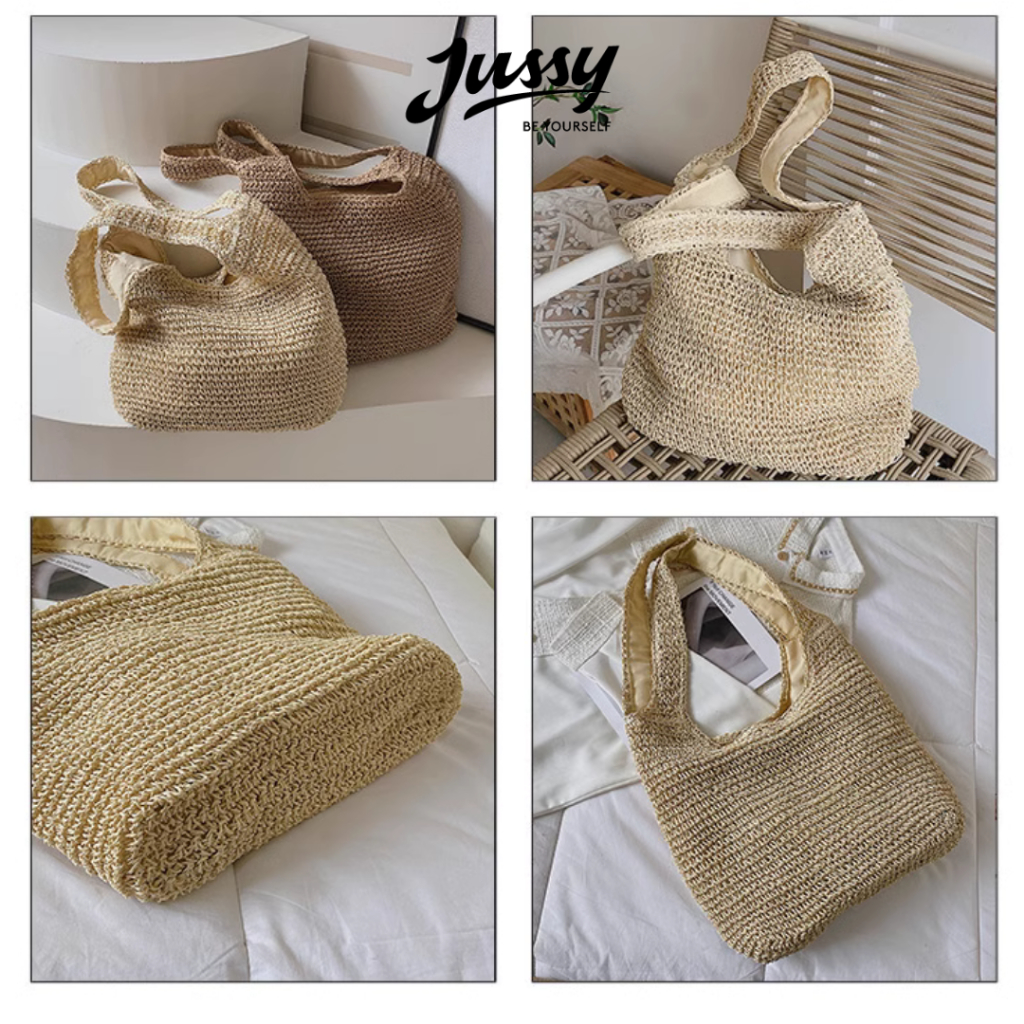 Set Mũ Cói Mềm Viền Ren Và Túi Cói JTUI01 Jussy Fashion Combo Túi Cói Mềm Kèm Mũ Rộng Vành Du Lịch Đi Biển Hot Trend