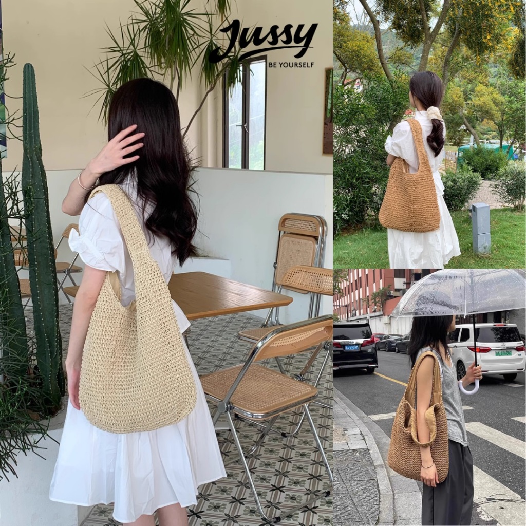 Set Mũ Cói Mềm Viền Ren Và Túi Cói JTUI01 Jussy Fashion Combo Túi Cói Mềm Kèm Mũ Rộng Vành Du Lịch Đi Biển Hot Trend