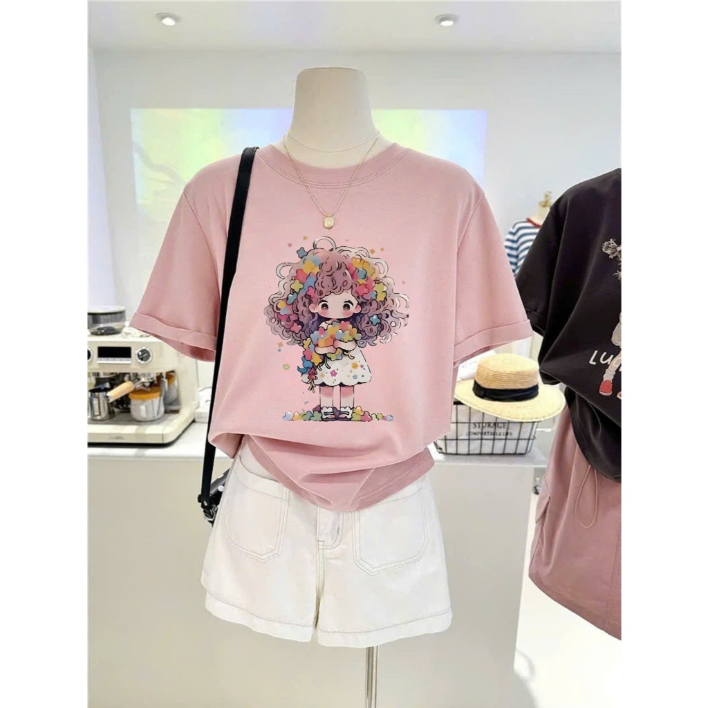 Áo thun nữ Cotton in hình siêu xinh JULY FASHION, Áo phông Cotton nữ dáng rộng phong cách Hàn Quốc trẻ trung, thun 4C