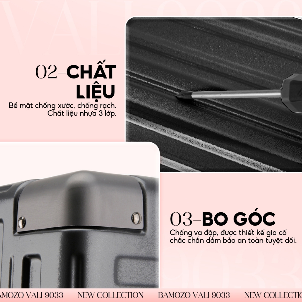 Ảnh Vali Bamozo 9033 Khung Nhôm Size 20/24/28 Khóa Số Bảo Mật Bịt 4 Góc Chống Va Đập Bảo Hành 5 năm 2