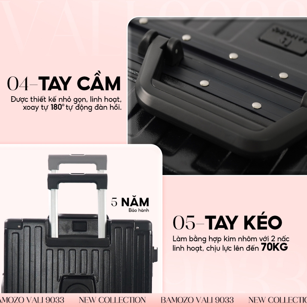 Ảnh Vali Bamozo 9033 Khung Nhôm Size 20/24/28 Khóa Số Bảo Mật Bịt 4 Góc Chống Va Đập Bảo Hành 5 năm 3