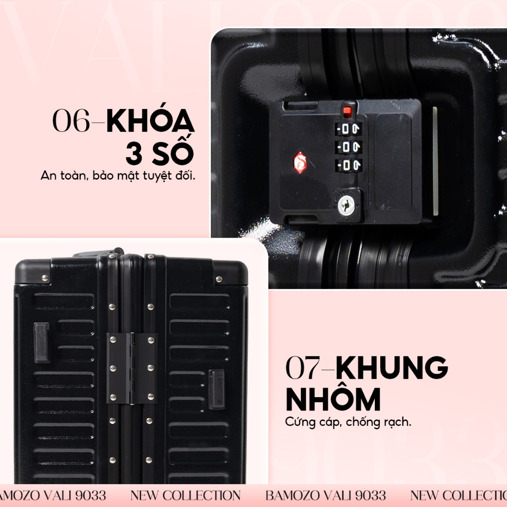 Ảnh Vali Bamozo 9033 Khung Nhôm Size 20/24/28 Khóa Số Bảo Mật Bịt 4 Góc Chống Va Đập Bảo Hành 5 năm 4