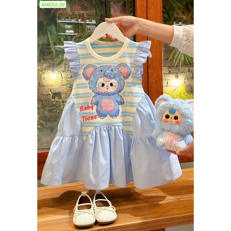 Váy đầm kẻ cotton tay cánh tiên in hình baby three DL56 size 8/36kg Váycho bé Diệu Linh shop kids ( không kèm phụ kiện )