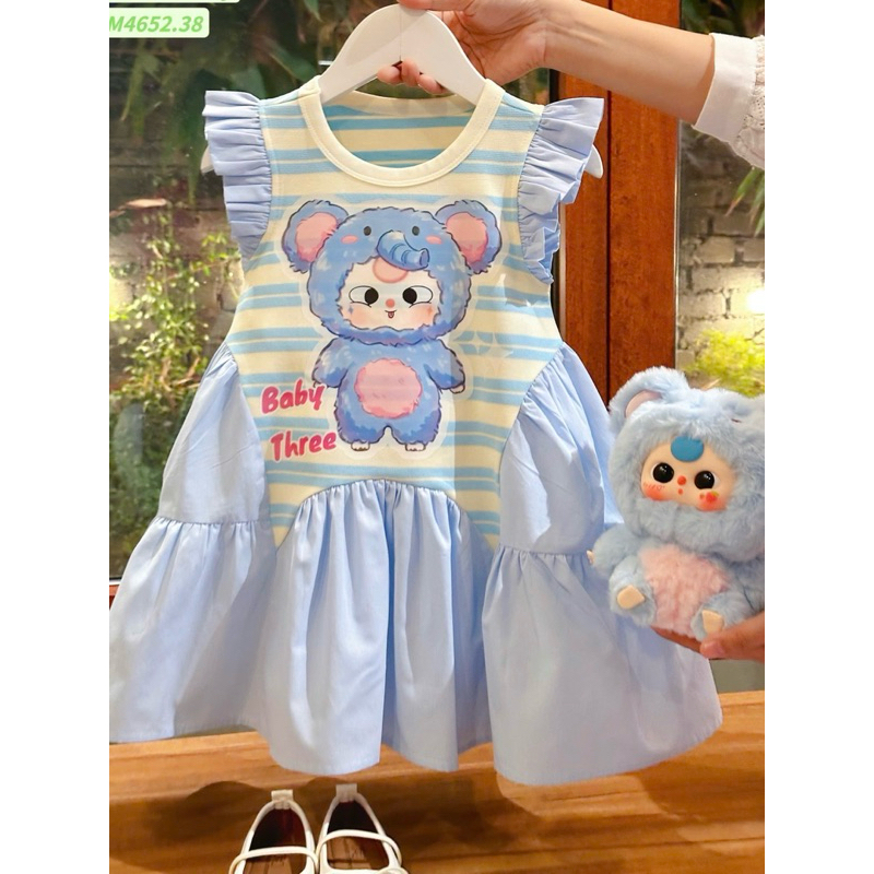 Váy đầm kẻ cotton tay cánh tiên in hình baby three DL56 size 8/36kg Váycho bé Diệu Linh shop kids ( không kèm phụ kiện )