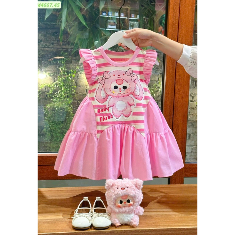 Váy đầm kẻ cotton tay cánh tiên in hình baby three DL56 size 8/36kg Váycho bé Diệu Linh shop kids ( không kèm phụ kiện )
