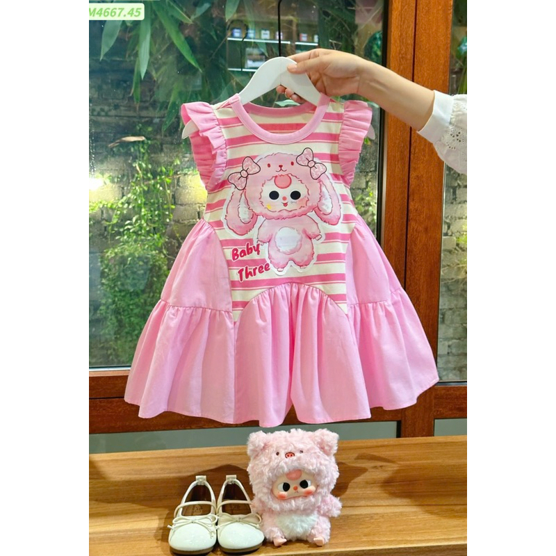 Váy đầm kẻ cotton tay cánh tiên in hình baby three DL56 size 8/36kg Váycho bé Diệu Linh shop kids ( không kèm phụ kiện )