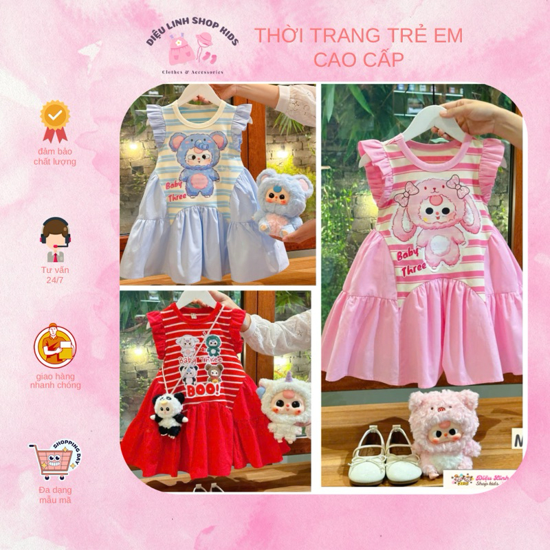 Váy đầm kẻ cotton tay cánh tiên in hình baby three DL56 size 8/36kg Váycho bé Diệu Linh shop kids ( không kèm phụ kiện )