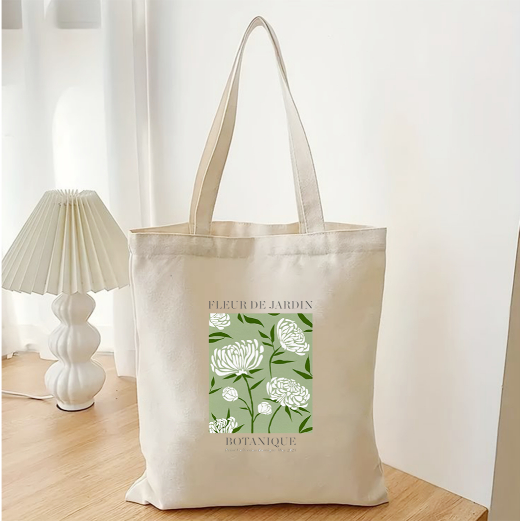 Túi vải tote hoa trắng nền xanh cổ điển xinh xắn - Túi canvas thời trang đi chơi đi học dài 35x40 TOTa027