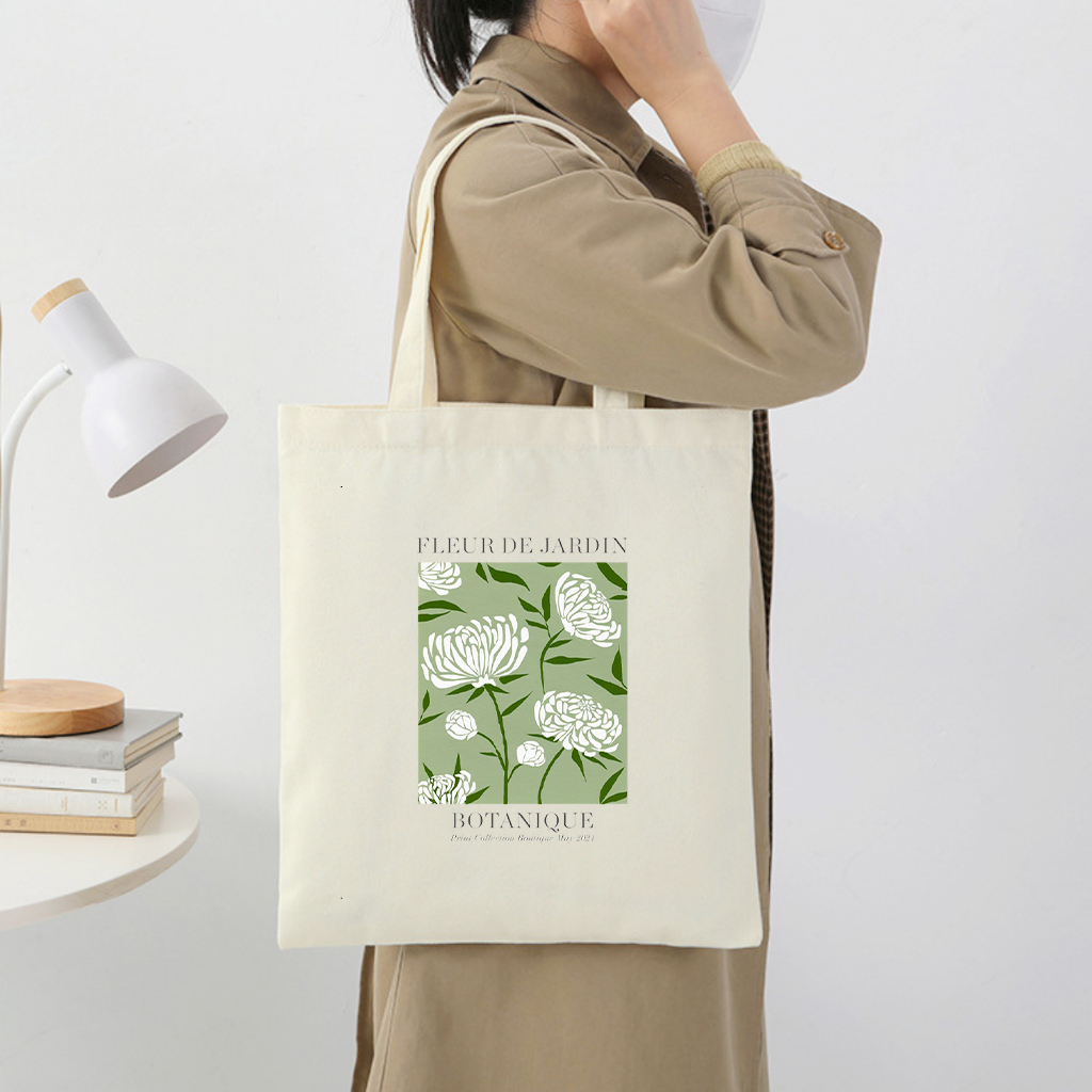 Túi vải tote hoa trắng nền xanh cổ điển xinh xắn - Túi canvas thời trang đi chơi đi học dài 35x40 TOTa027