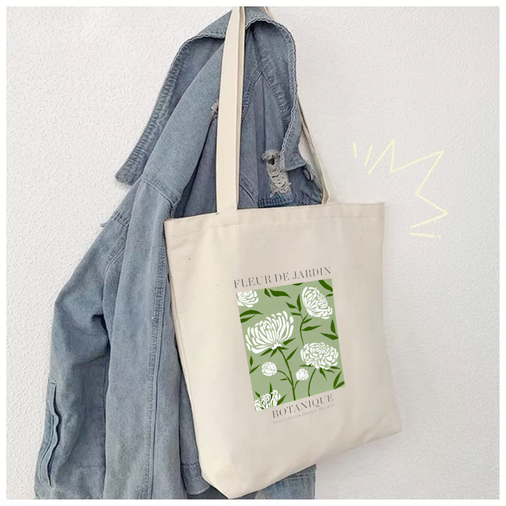 Túi vải tote hoa trắng nền xanh cổ điển xinh xắn - Túi canvas thời trang đi chơi đi học dài 35x40 TOTa027
